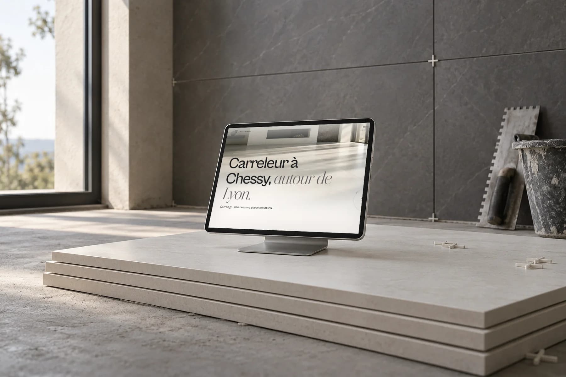 Art et Carrelage: its site on a screen, in a dark workshop (staged)