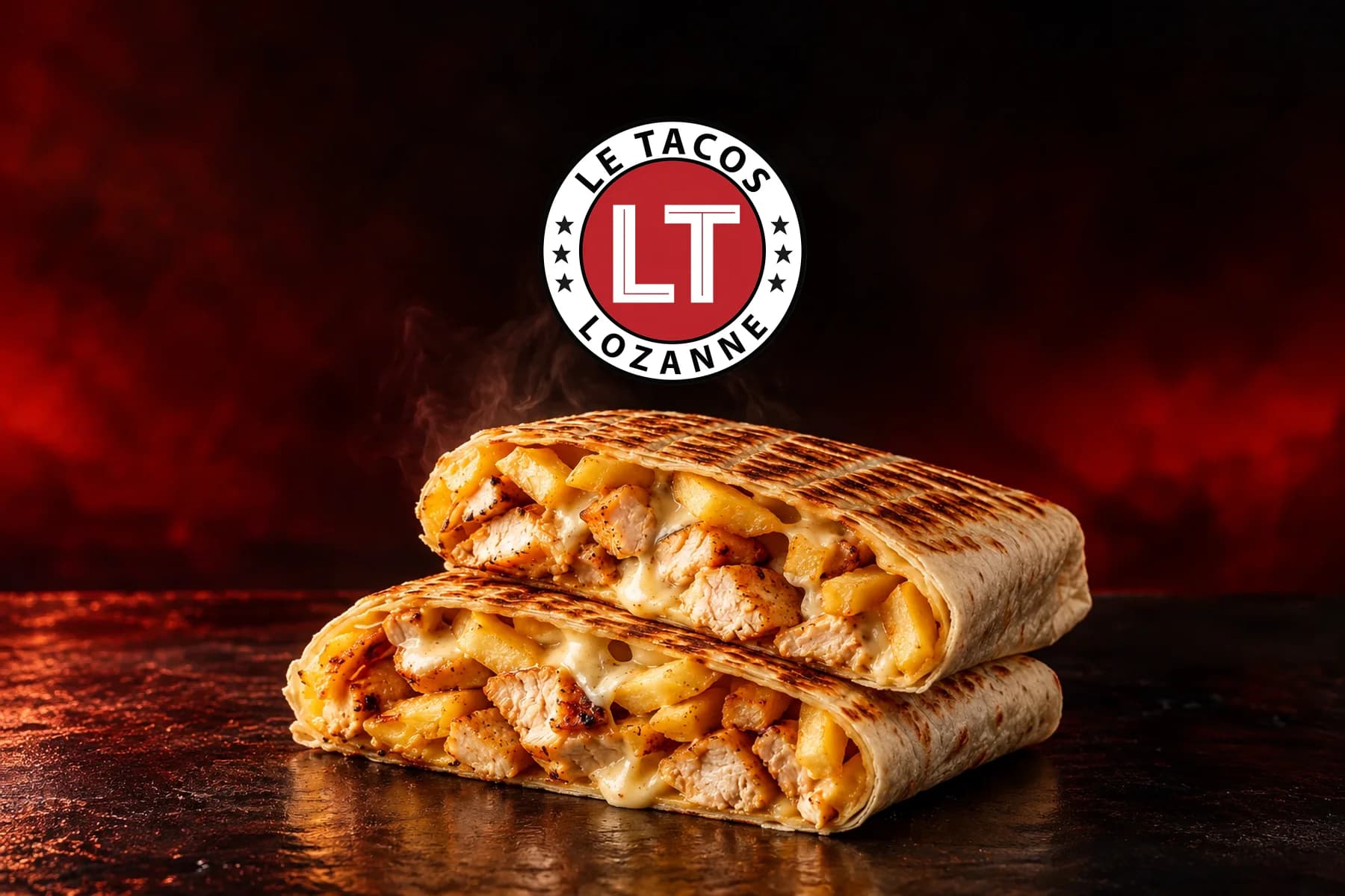 Le Tacos de Lozanne: a grilled French tacos cut in two, under the logo (staged)