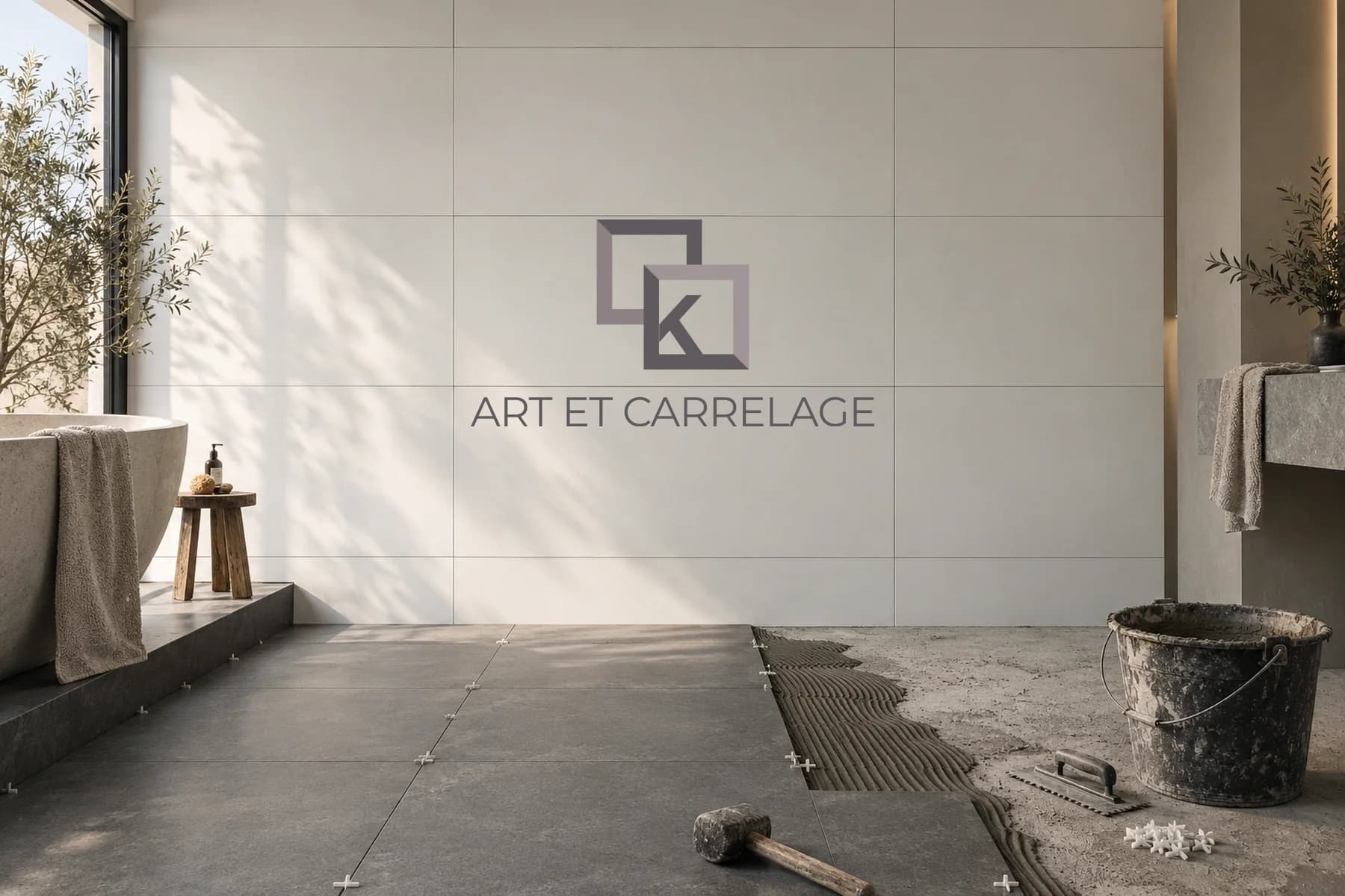 Staged scene: the Art et Carrelage logo on a wall of large pale tiles, above a floor being laid.