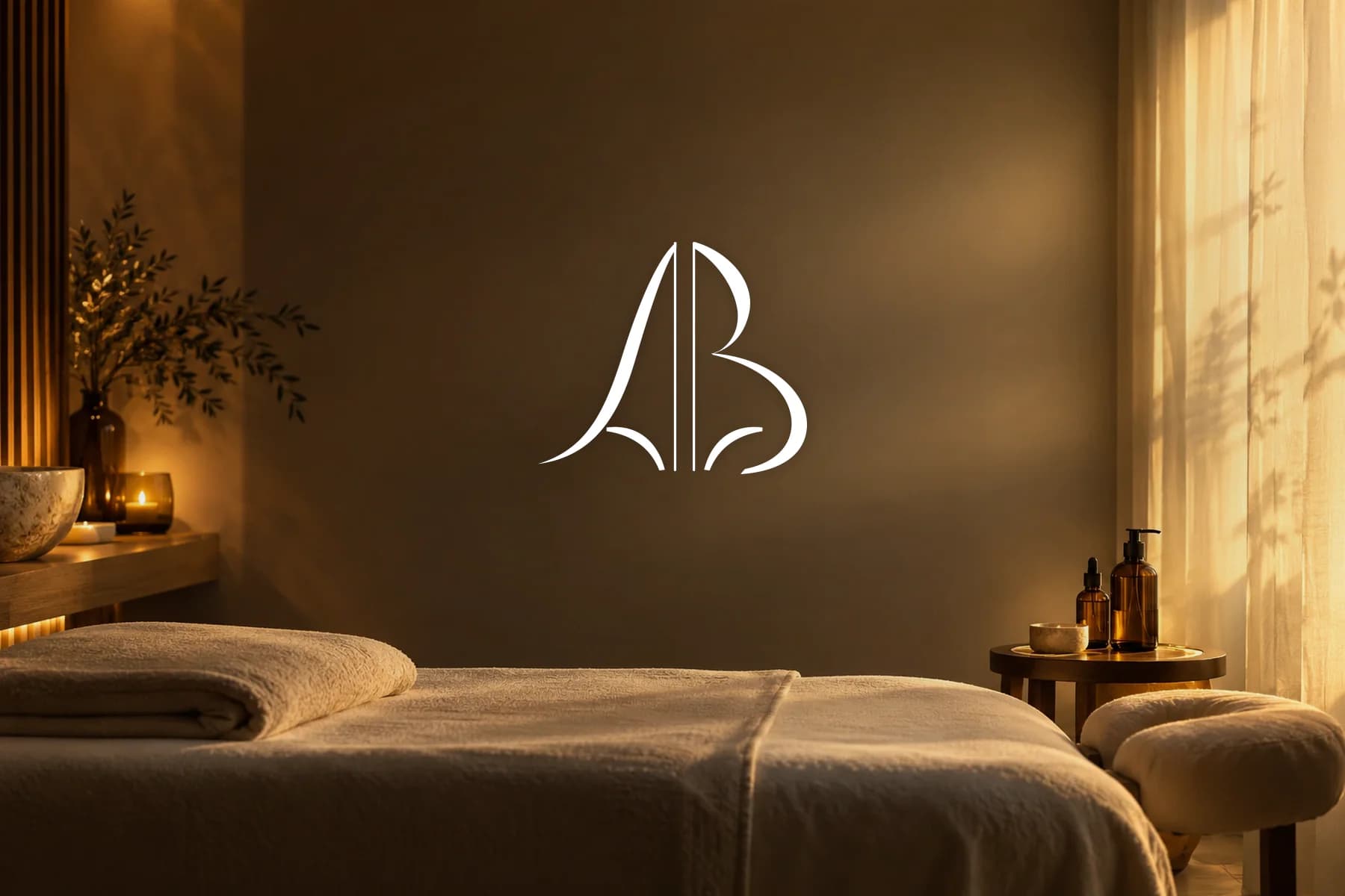 Avenue Beauté : le monogramme sur une cabine de soins baignée de lumière chaude (mise en scène)