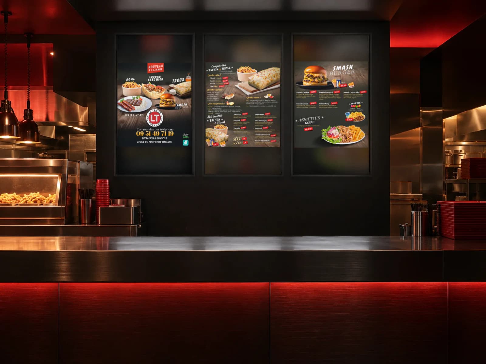 Staged scene: three screens above a counter show the menu boards of Le Tacos de Lozanne.