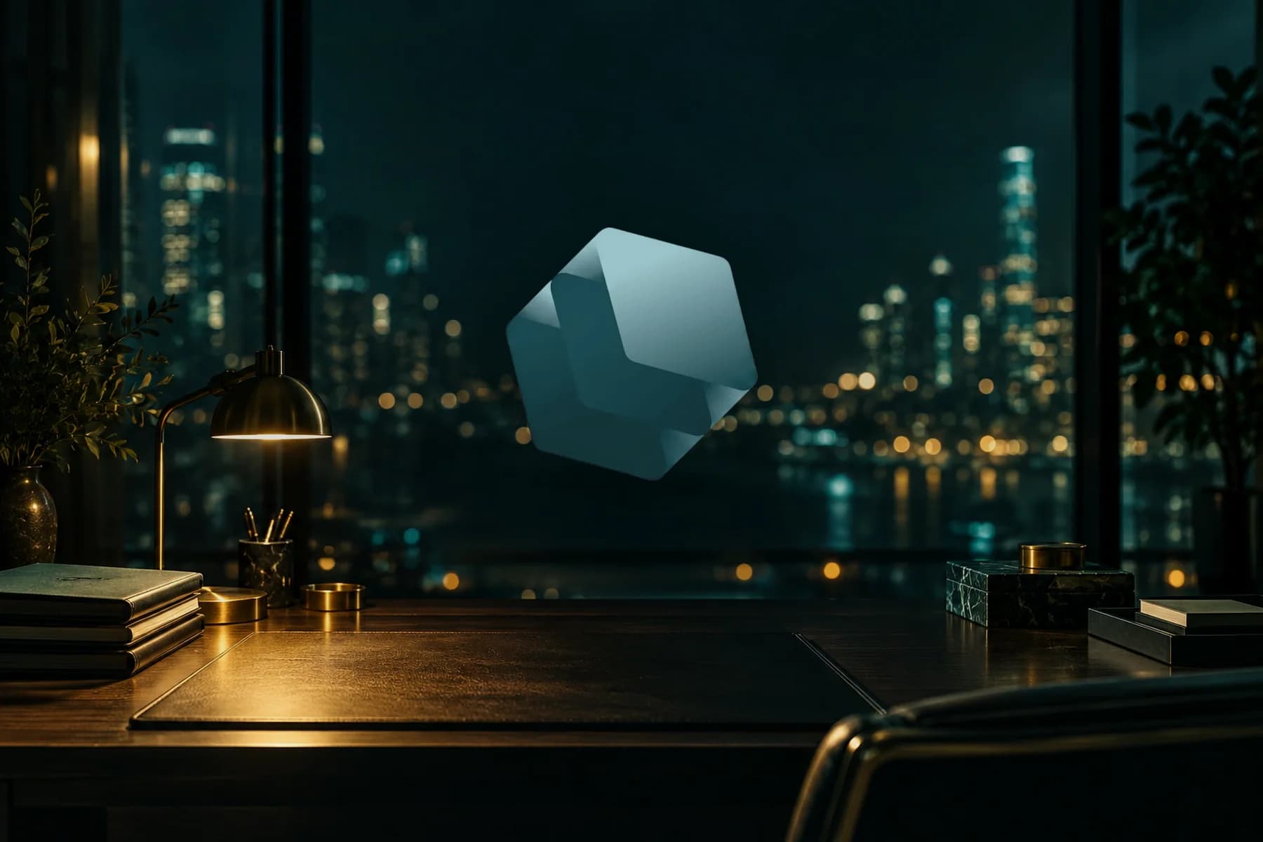 Stackeo: the Stackeo cube before a city at night (staged)