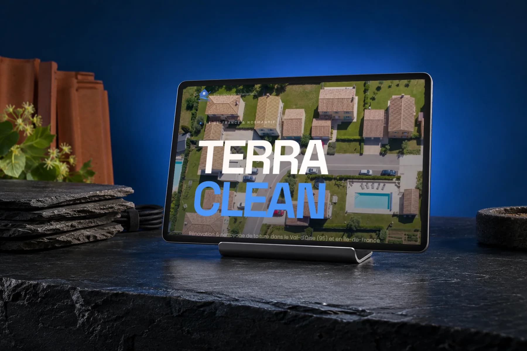 Terra Clean: its site on a screen, lit in blue (staged)