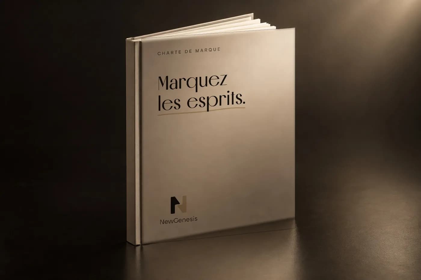 The NewGenesis brand book, standing on a table