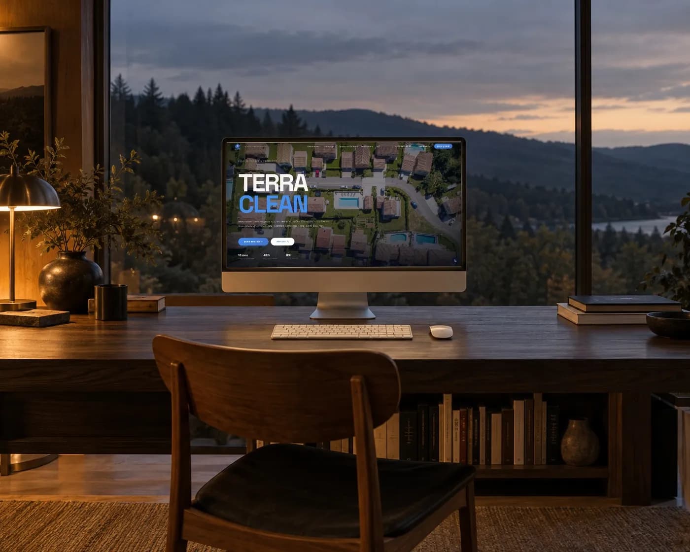 The Terra Clean website on a screen, on a wooden desk facing a large window at dusk.