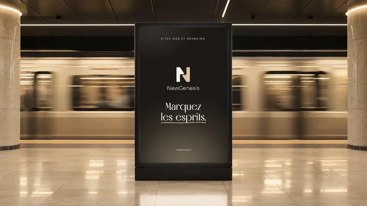 NewGenesis screen on a metro platform: Marquez les esprits.