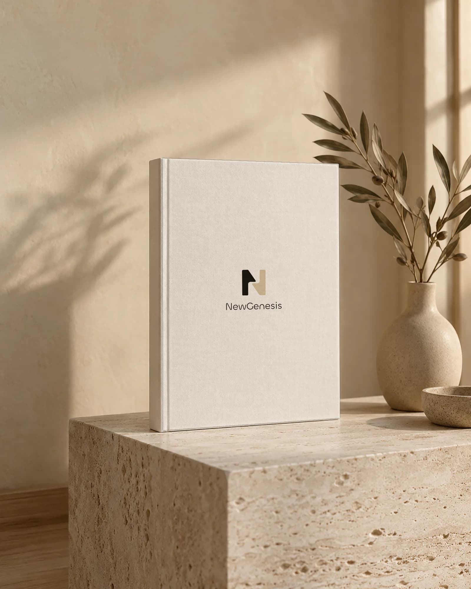 The NewGenesis brand book standing on a travertine plinth in the warm light of a window.
