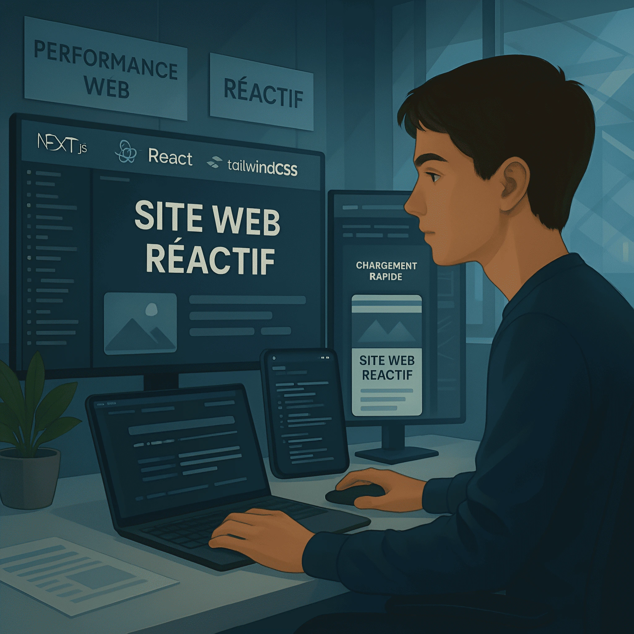 Développeur codant un site web rapide et responsive avec Next.js, React et TailwindCSS, dans un environnement moderne.