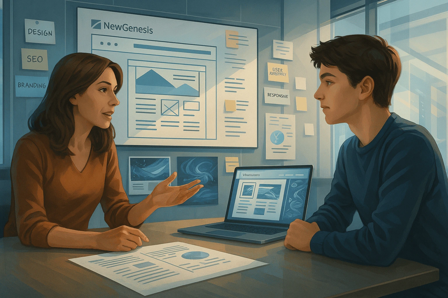 Réunion stratégique entre NewGenesis et un client pour planifier un site internet sur mesure, avec moodboard et wireframes à l'écran.
